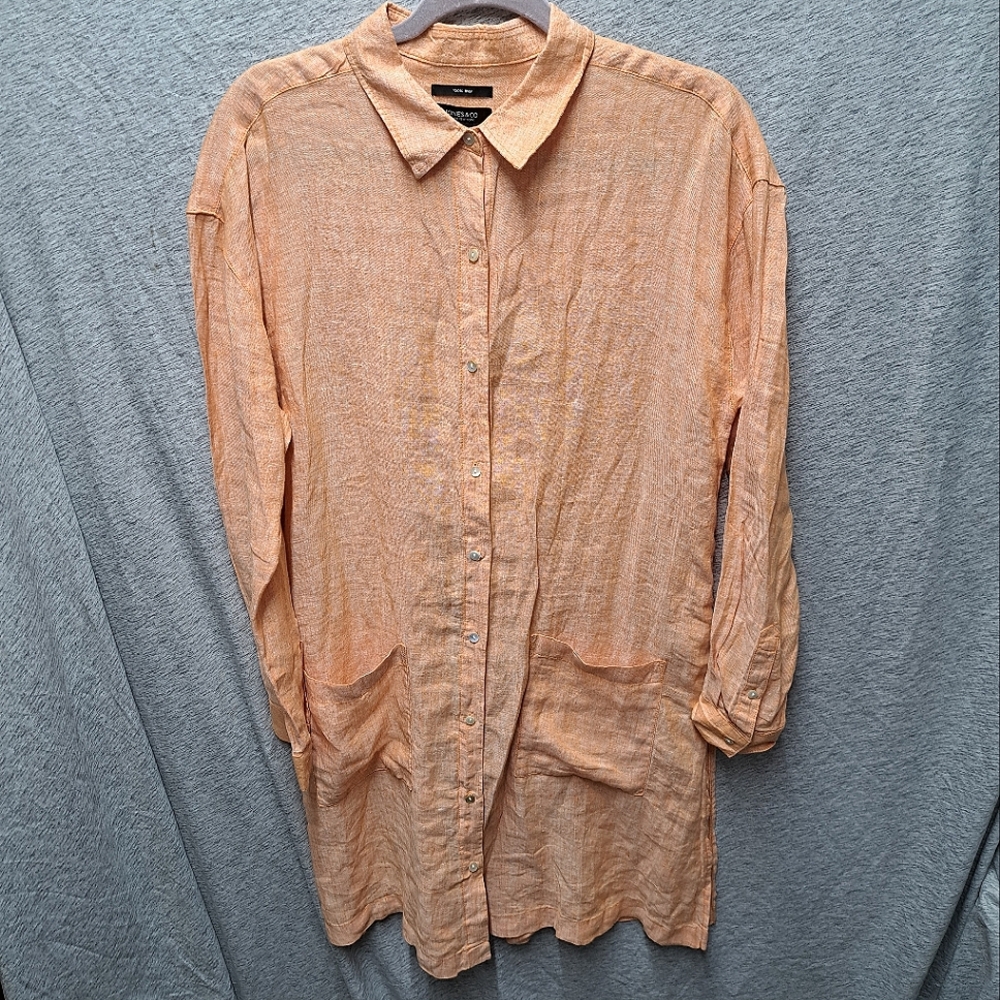Jones & Co women's orange linen button-up long sleeve tunic shirt Medium